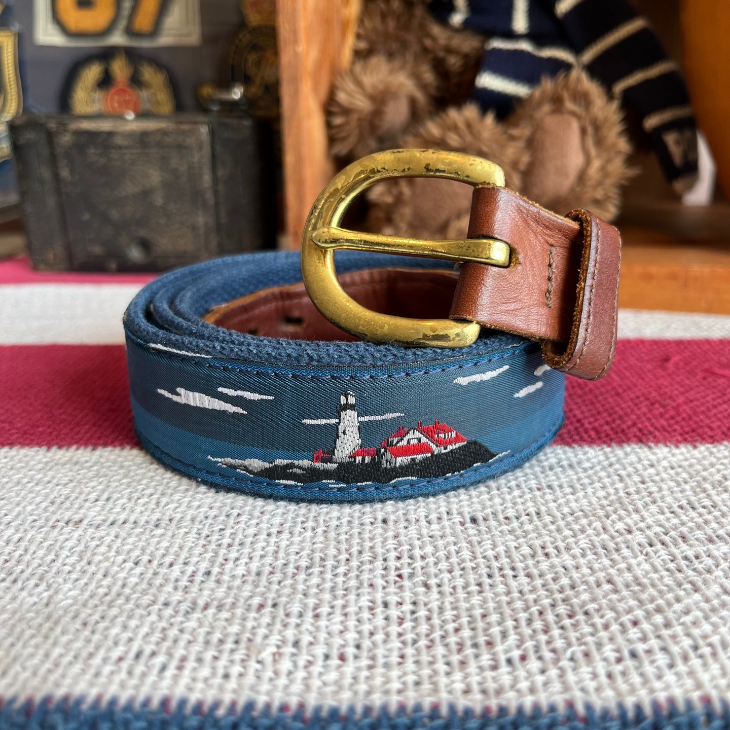 Vintage Lighthouses Needlepoint Belt by Preston Leather Products in New England, USA